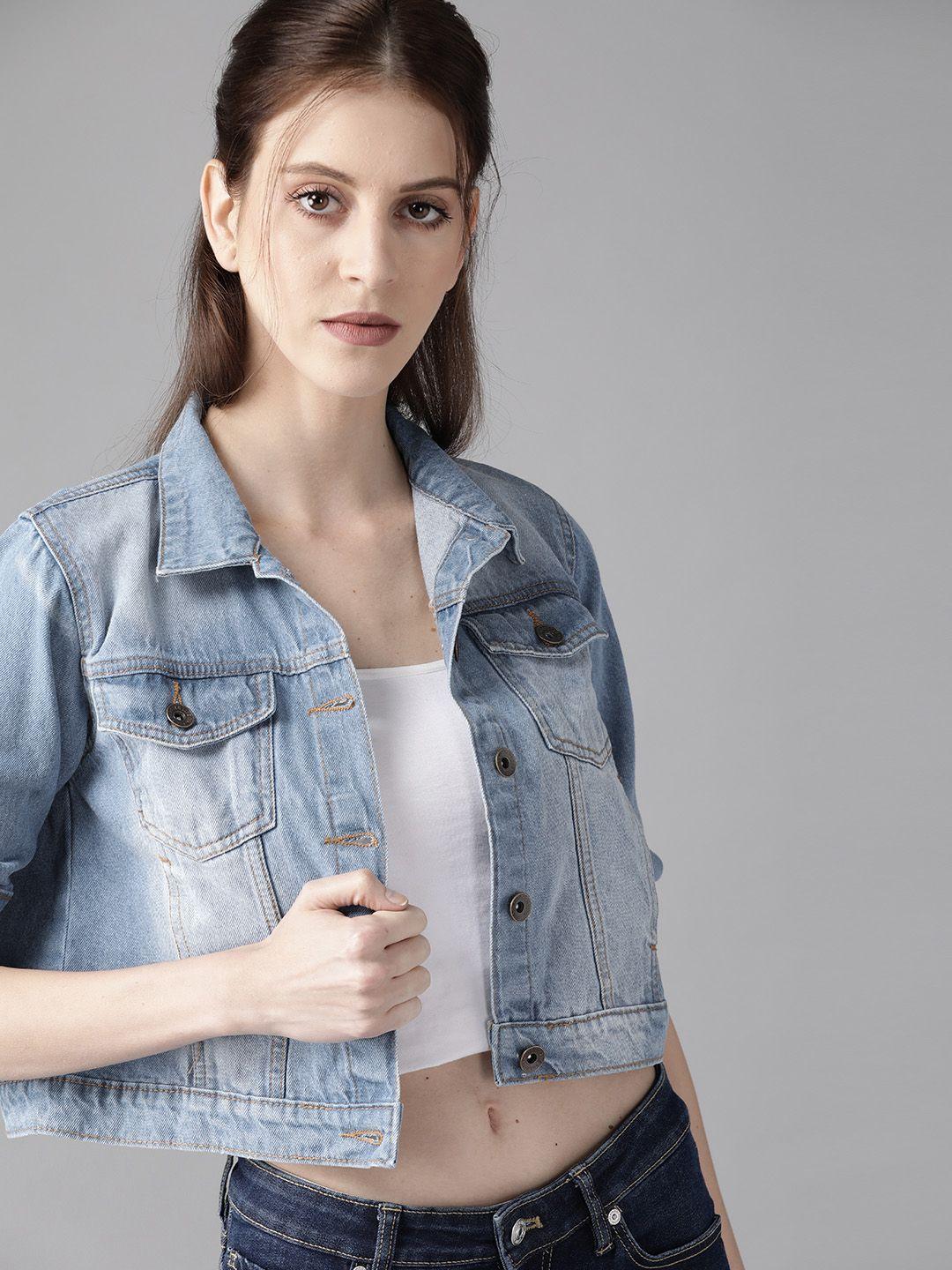 roadster women blue washed cropped denim jacket