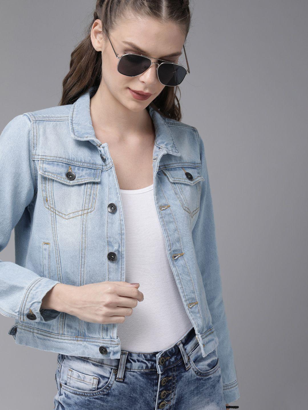 roadster women blue washed cropped denim trucker jacket