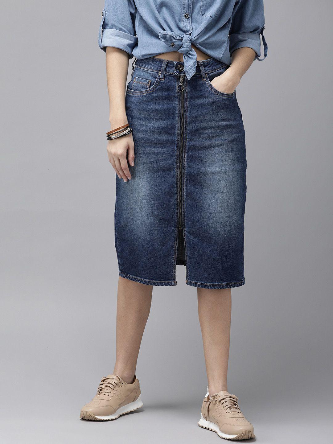 roadster women blue washed denim pencil skirt