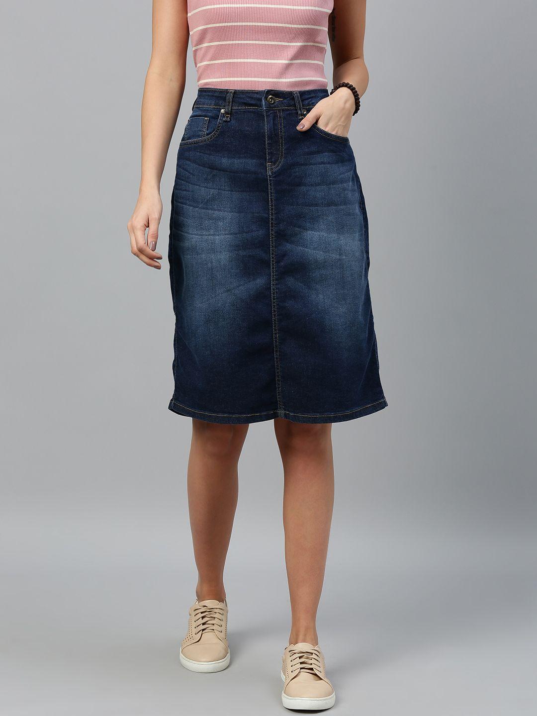 roadster women blue washed denim straight skirt