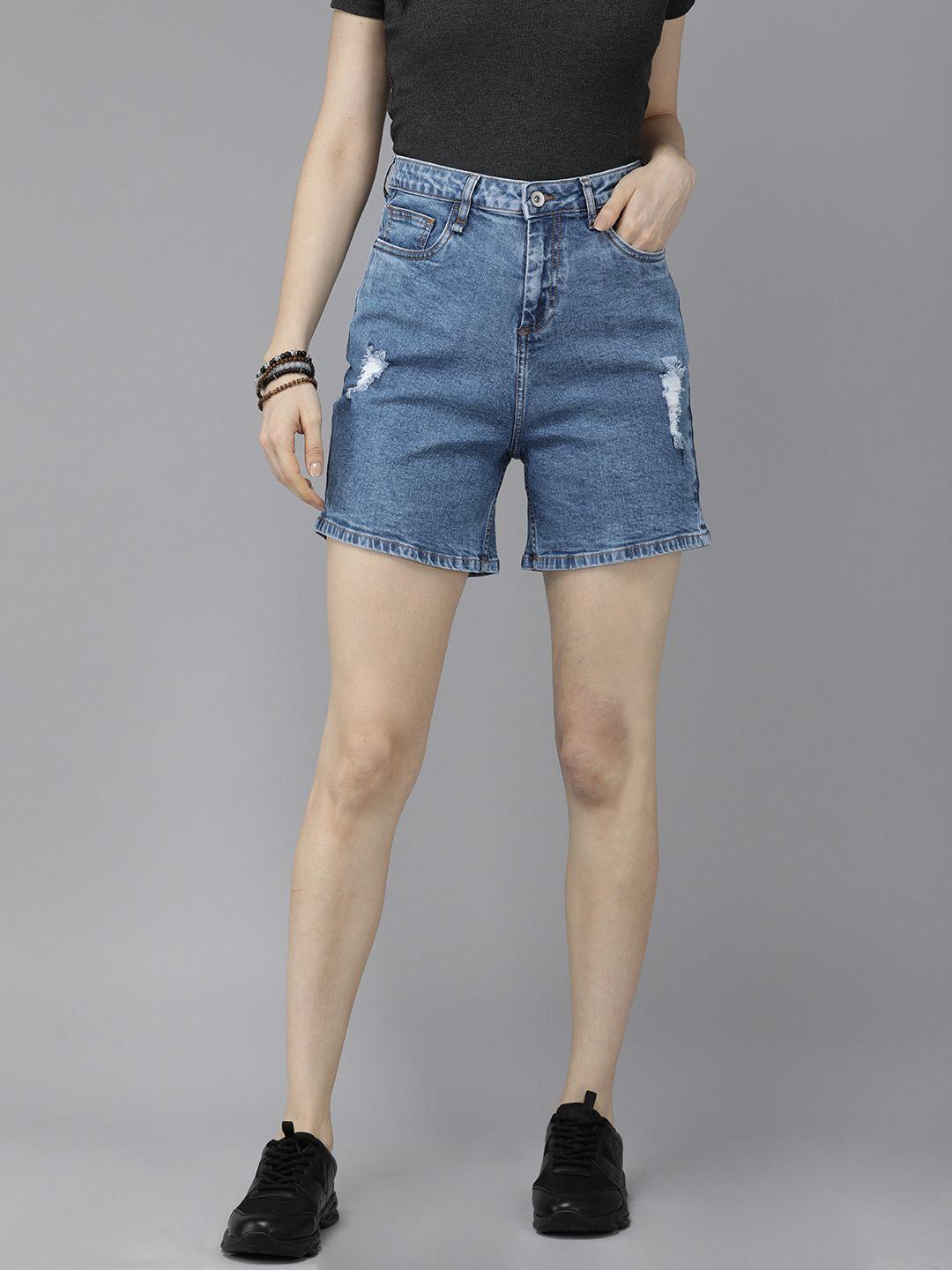 roadster women blue washed high-rise distressed denim shorts