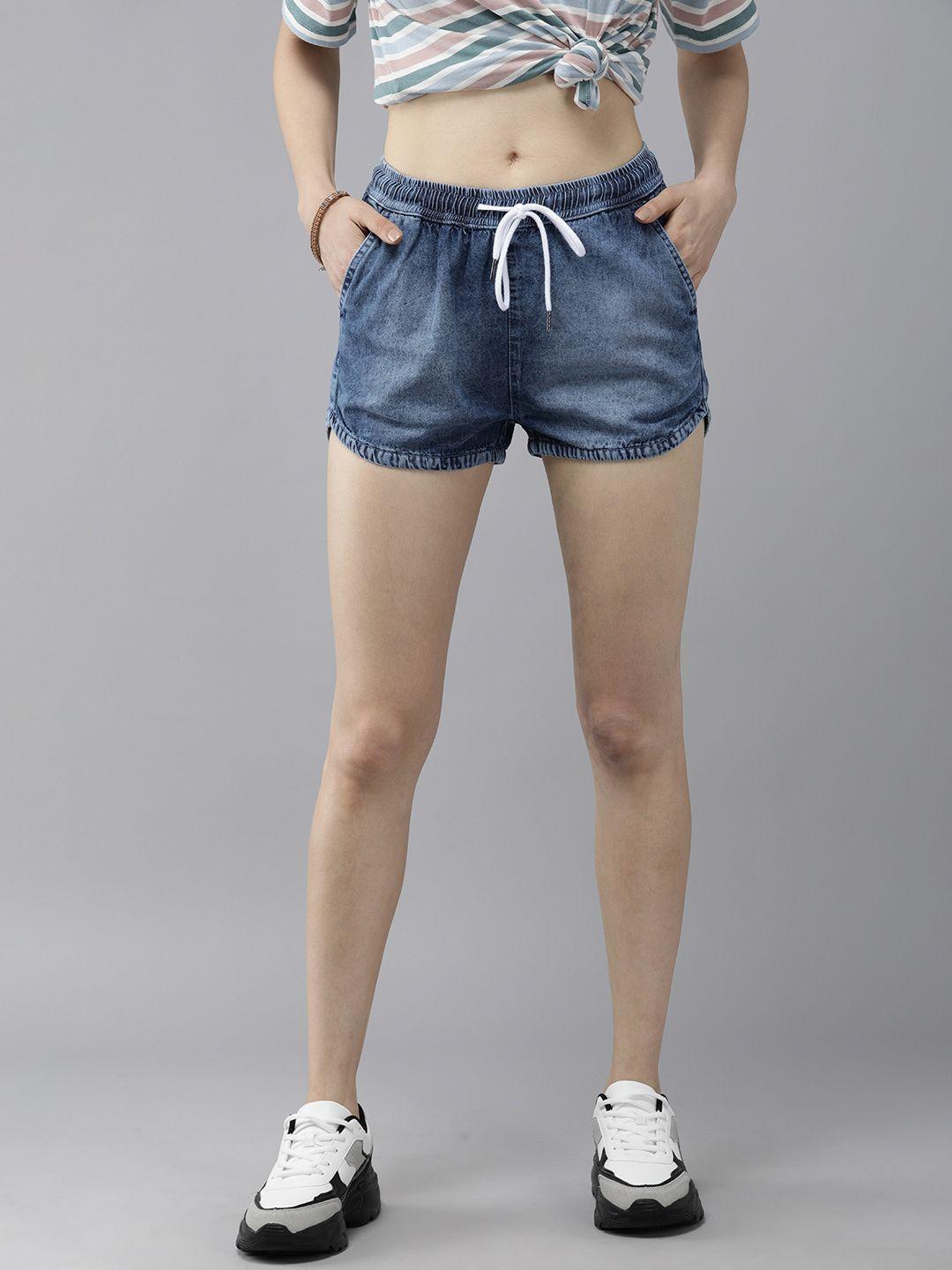 roadster women blue washed mid-rise denim shorts