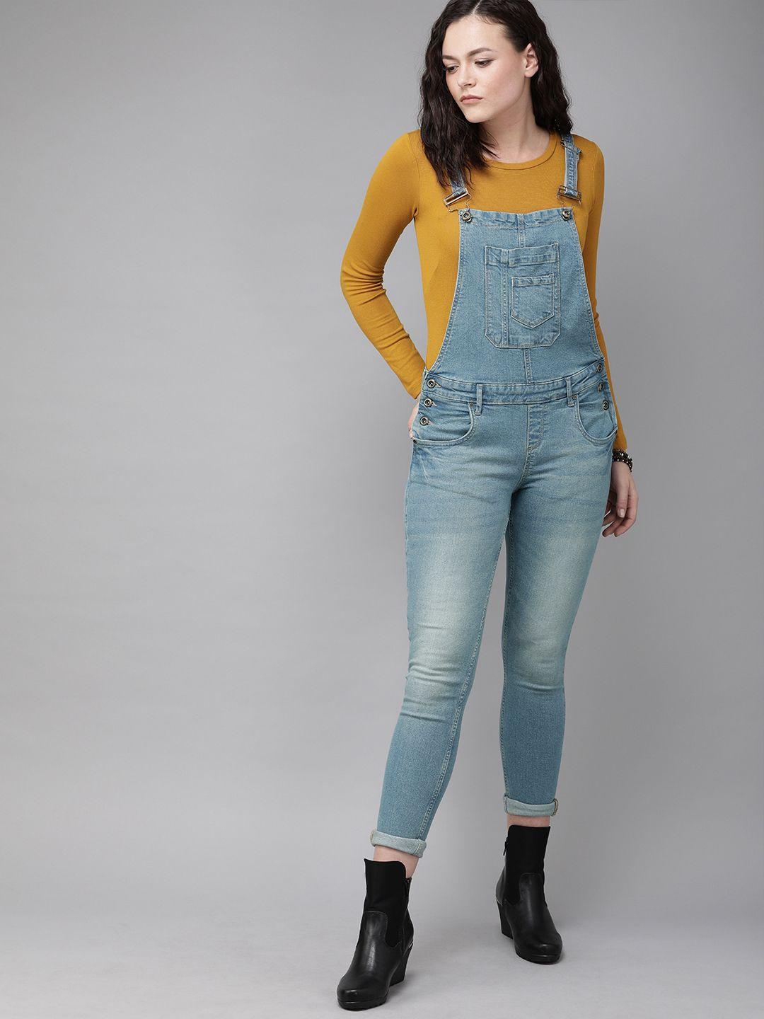 roadster women blue washed skinny fit denim dungarees