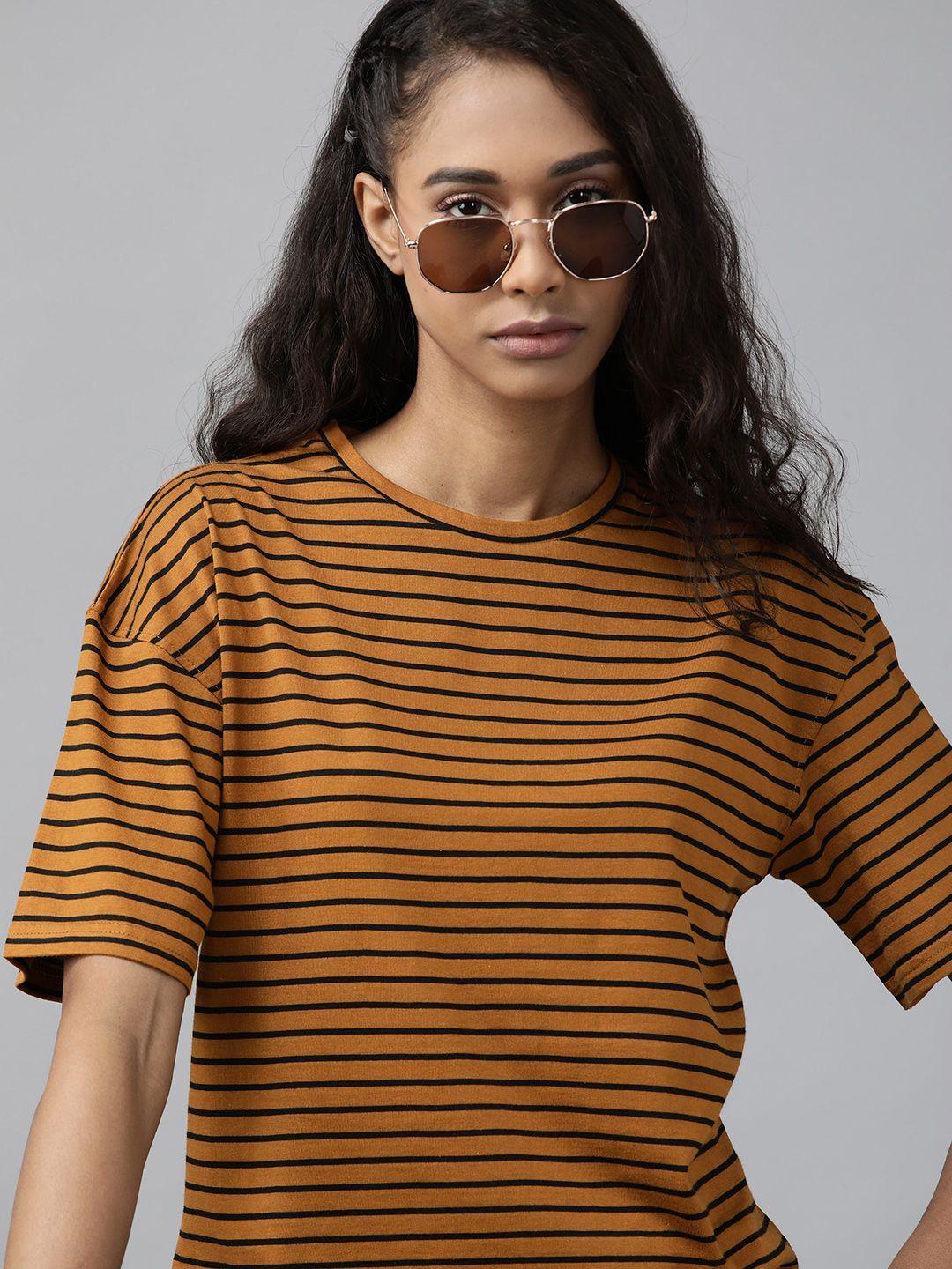 roadster women brown & black striped pure cotton relaxed t-shirt