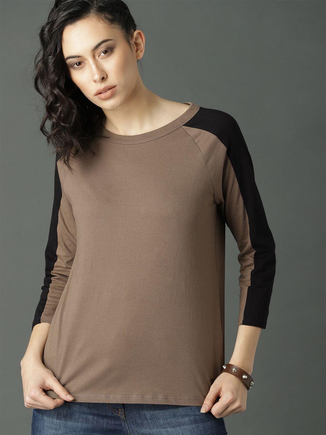 roadster women brown  black colourblocked 3/4 sleeve pure cotton t-shirt pure cotton t-shirt