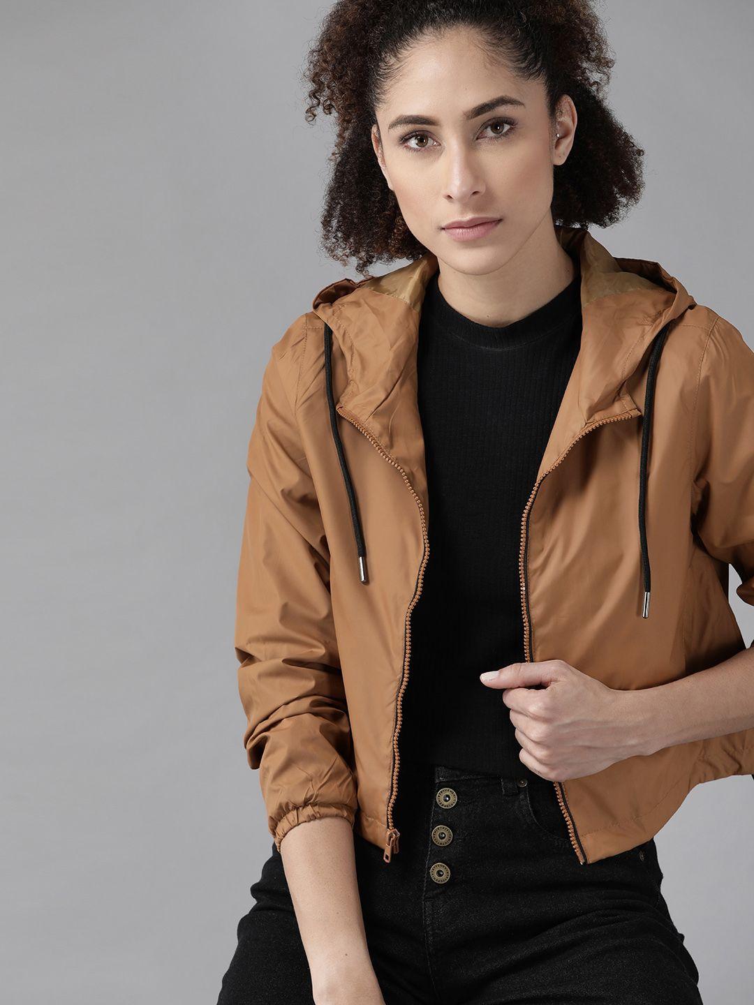 roadster women brown solid crop tailored hooded jacket