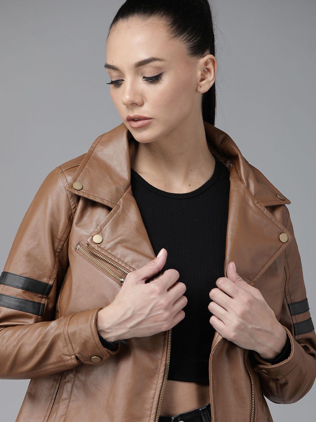 roadster women brown solid leather jacket