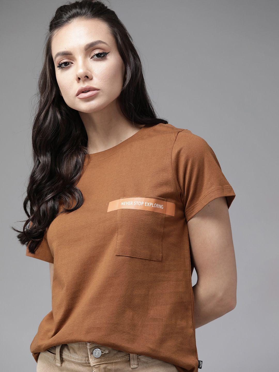 roadster women brown solid pure cotton t-shirt