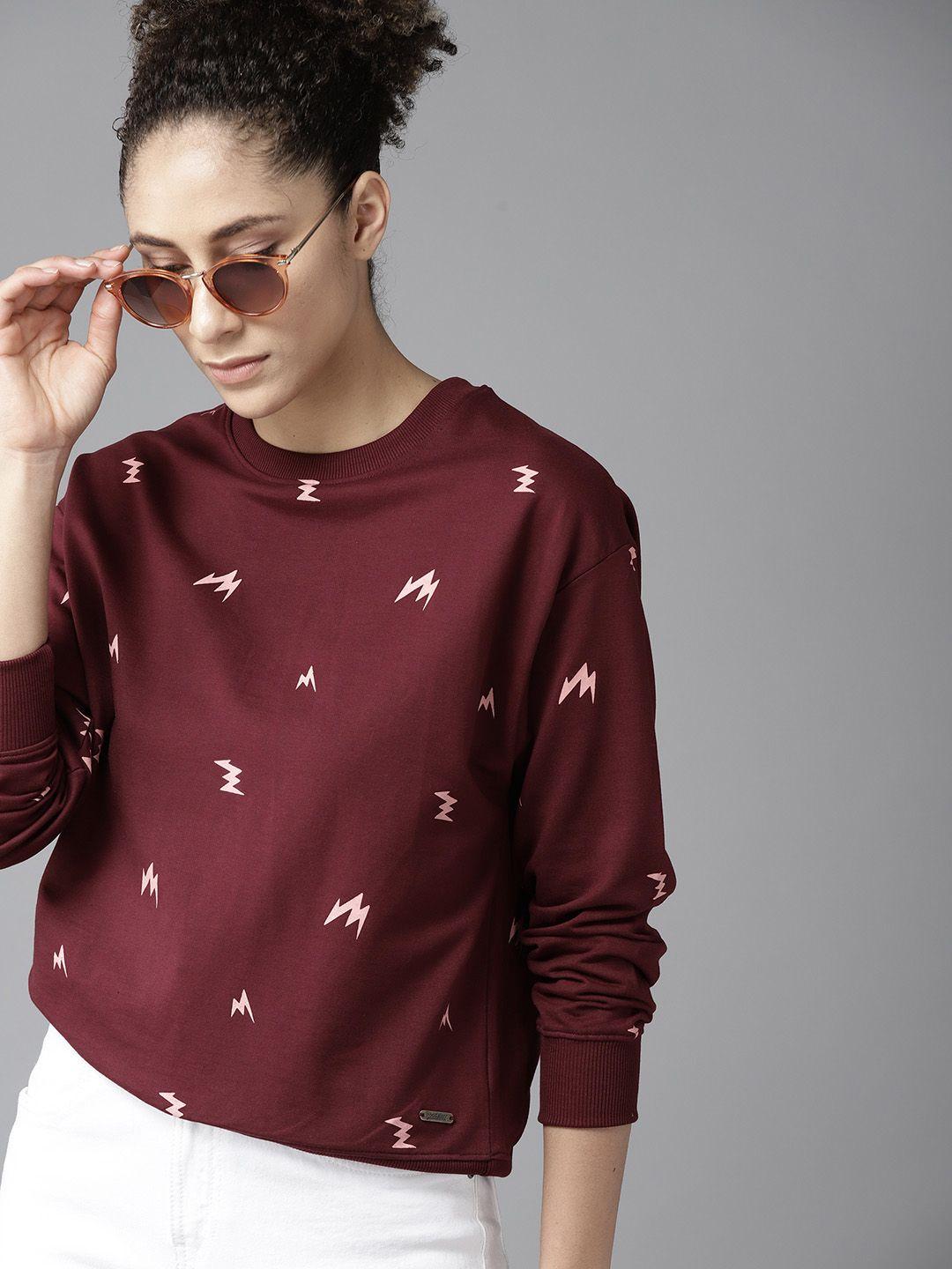 roadster women burgundy & white printed sweatshirt