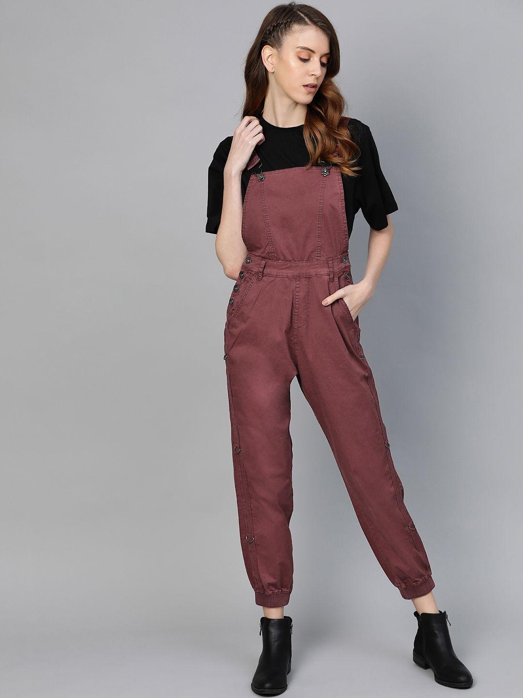 roadster women burgundy solid jogger dungarees