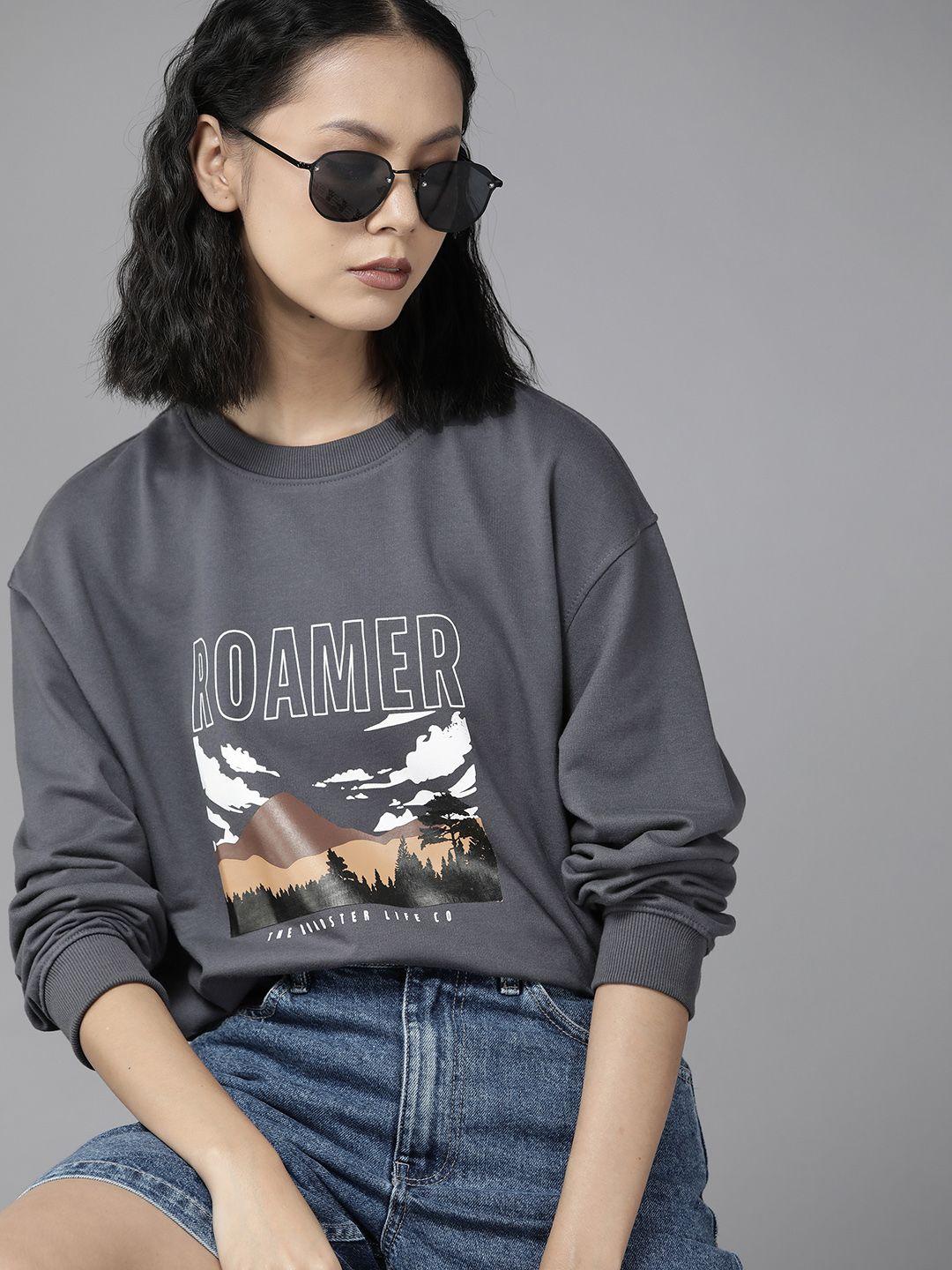 roadster women charcoal grey & white printed sweatshirt