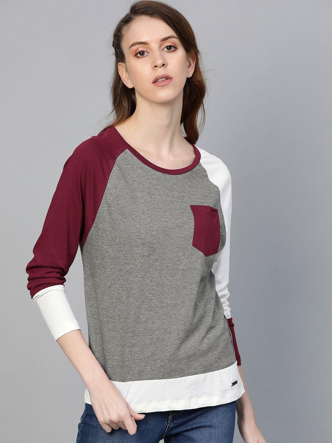 roadster women charcoal grey colourblocked round neck t-shirt