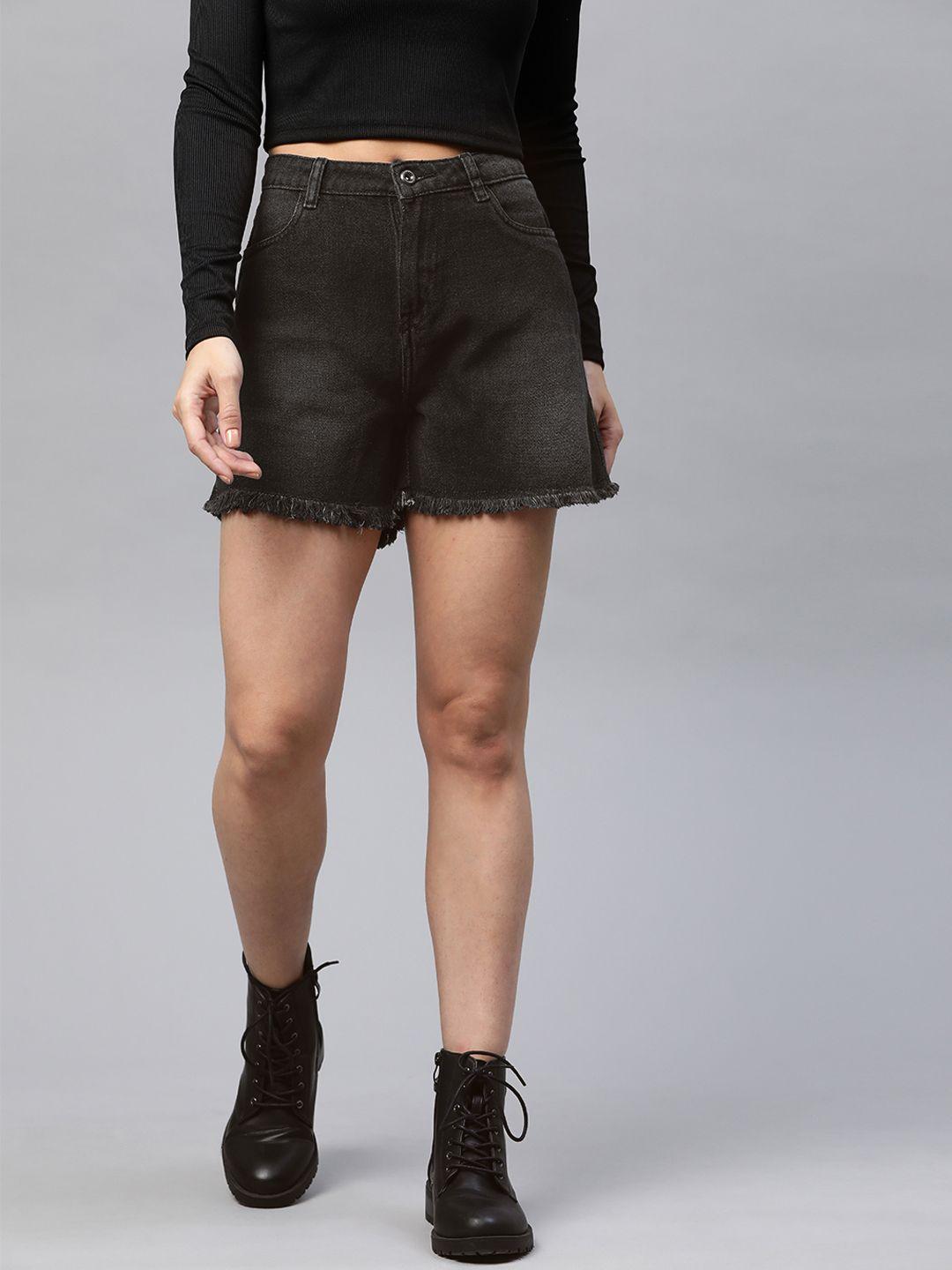 roadster women charcoal grey loose fit high-rise denim shorts