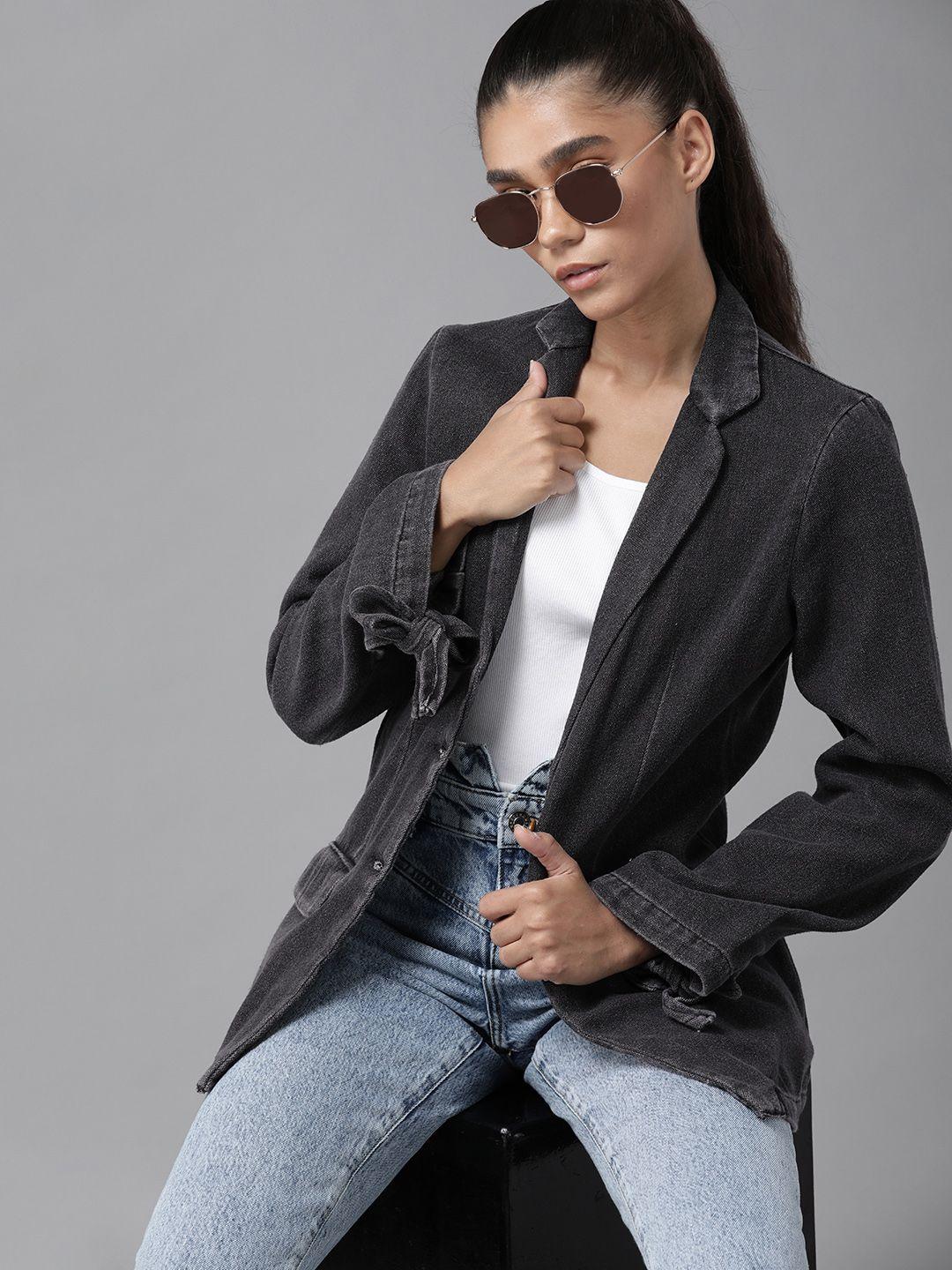 roadster women charcoal grey pure cotton solid denim longline casual blazer