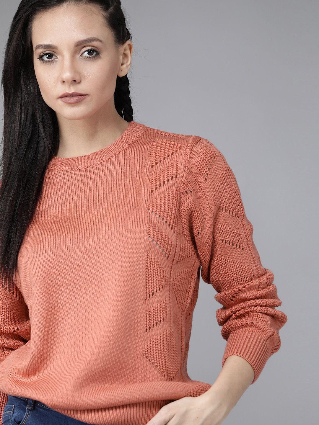 roadster women coral orange solid pullover sweater