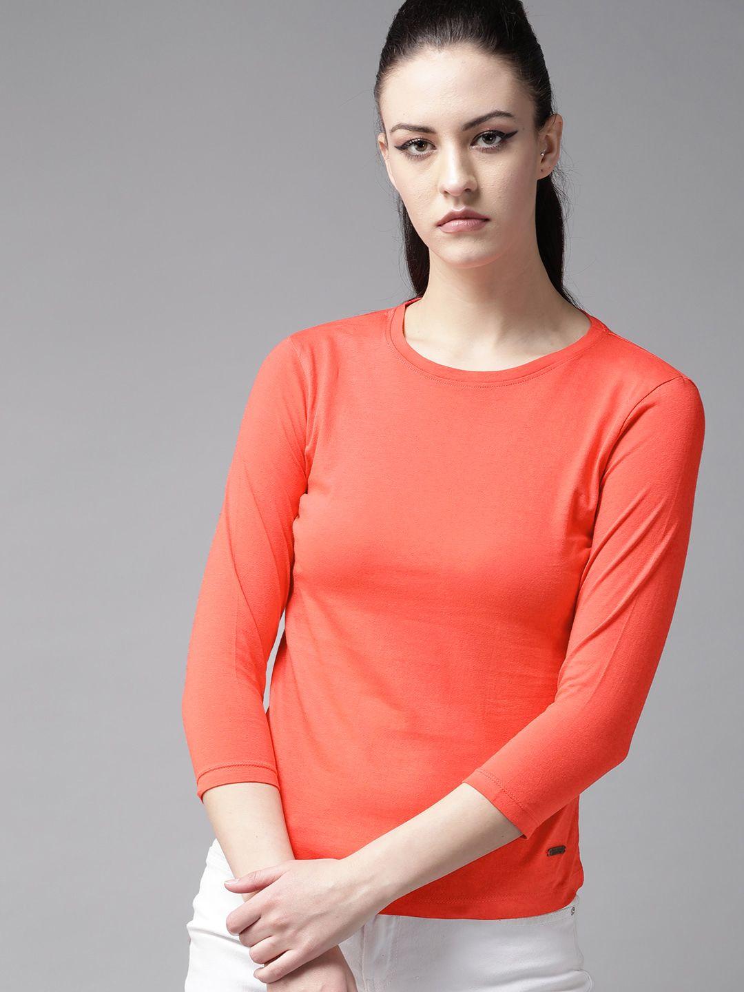 roadster women coral orange solid round neck pure cotton t-shirt