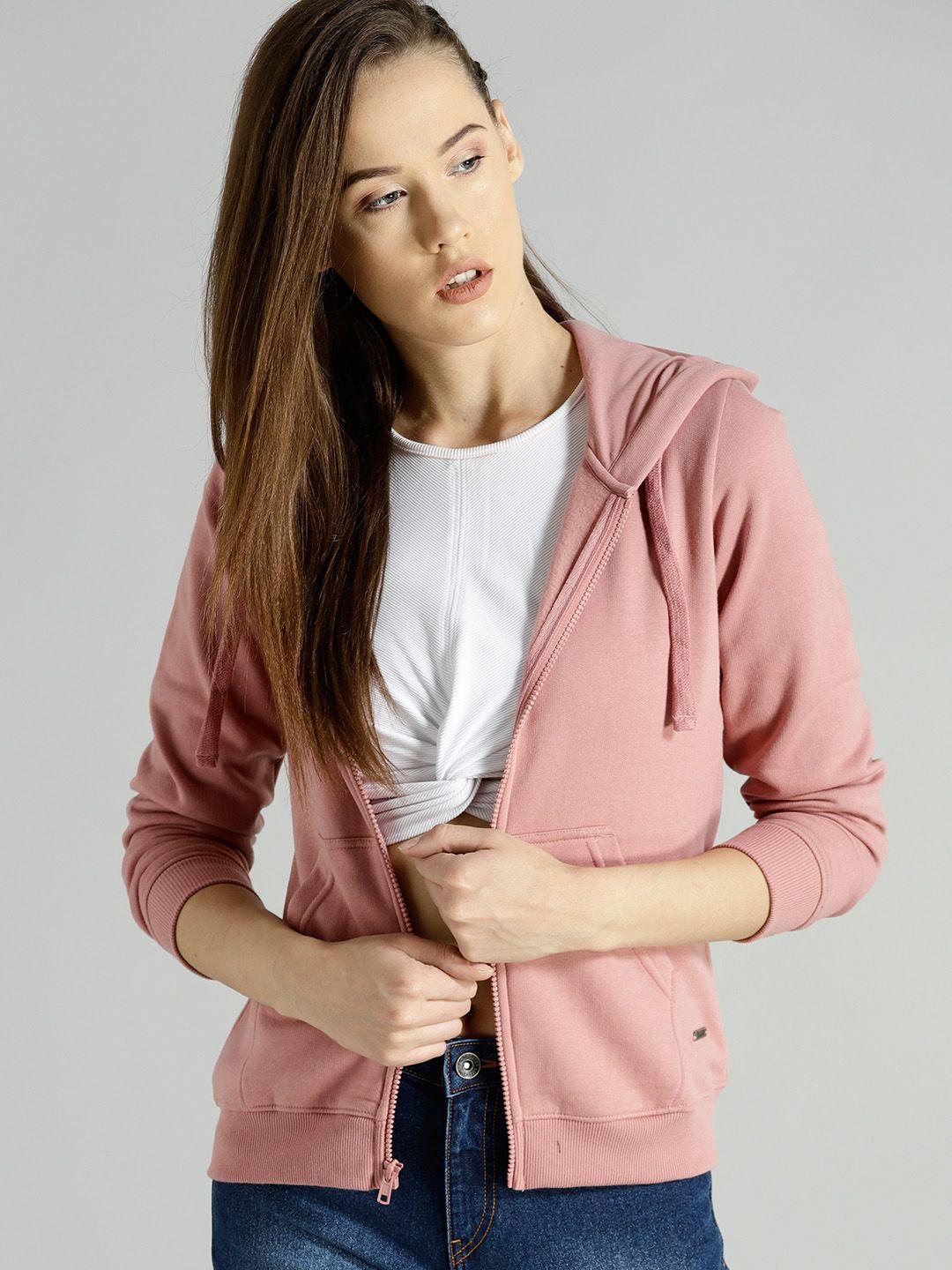 roadster women coral pink solid hooded sweatshirt