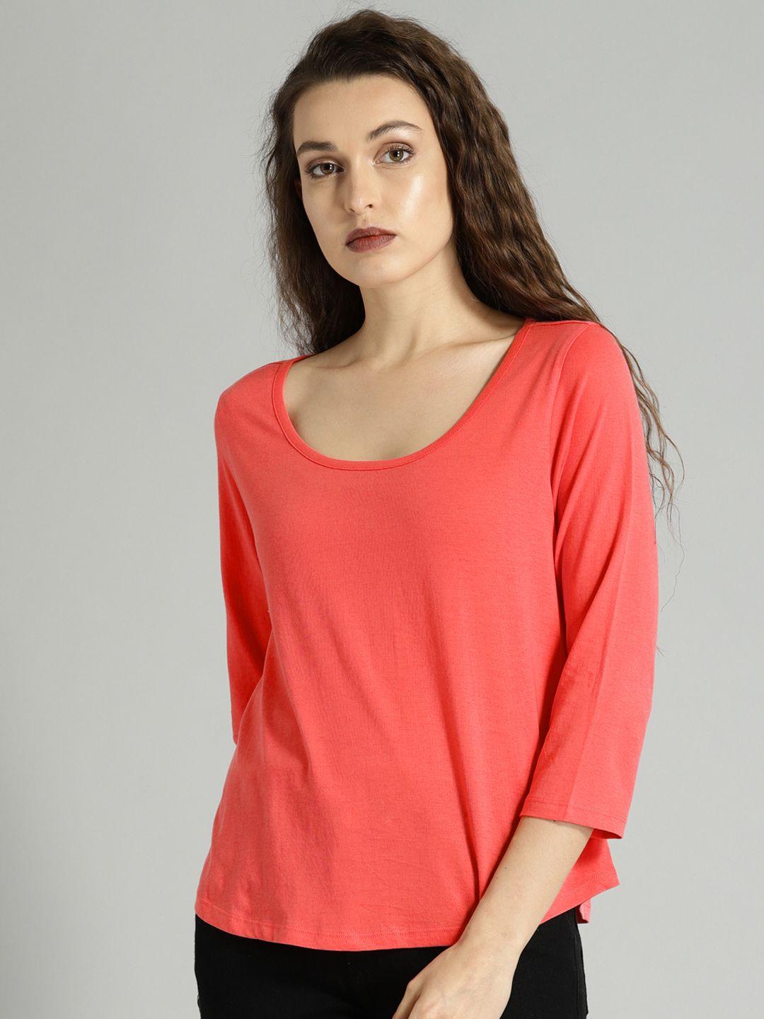 roadster women coral pink solid round neck pure cotton t-shirt