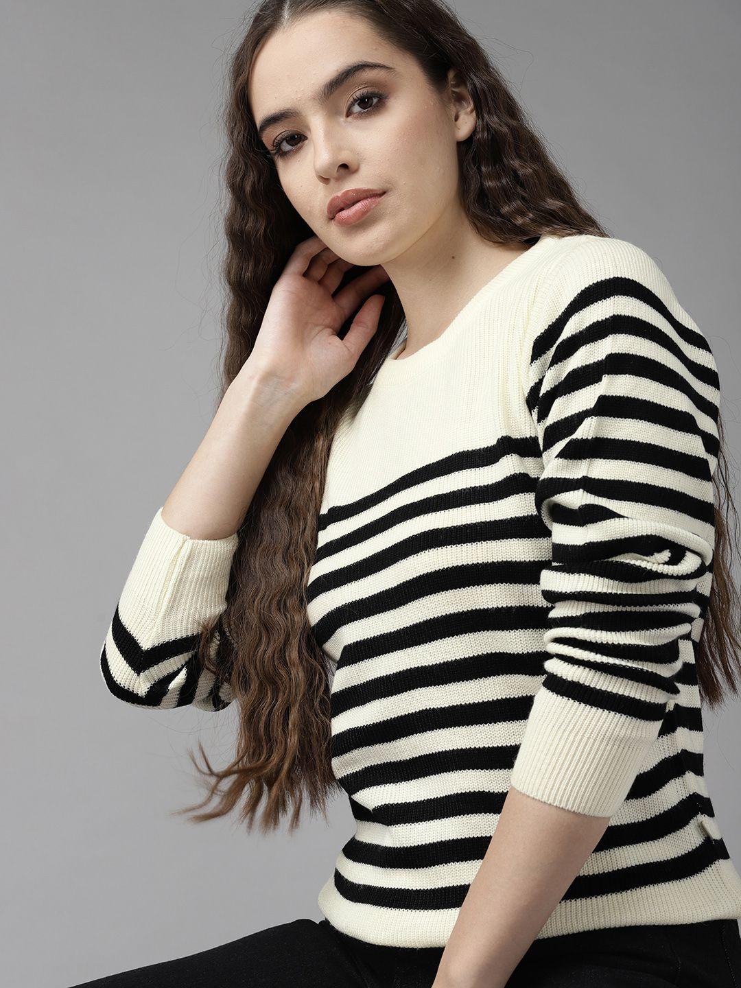 roadster women cream-coloured & black striped pullover