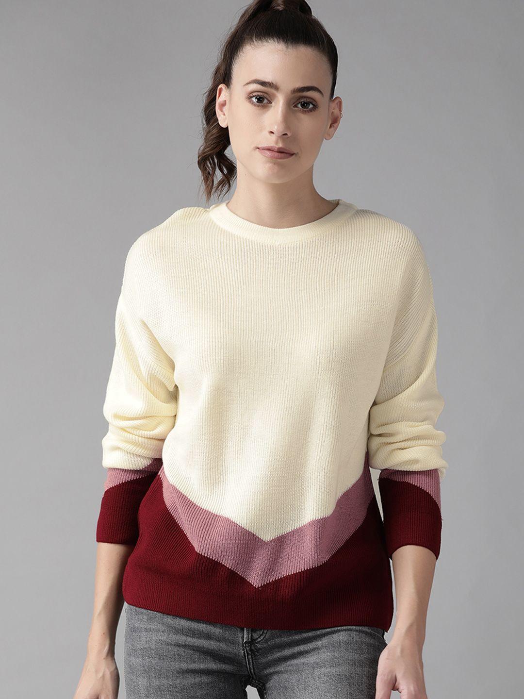 roadster women cream-coloured & pink striped pullover