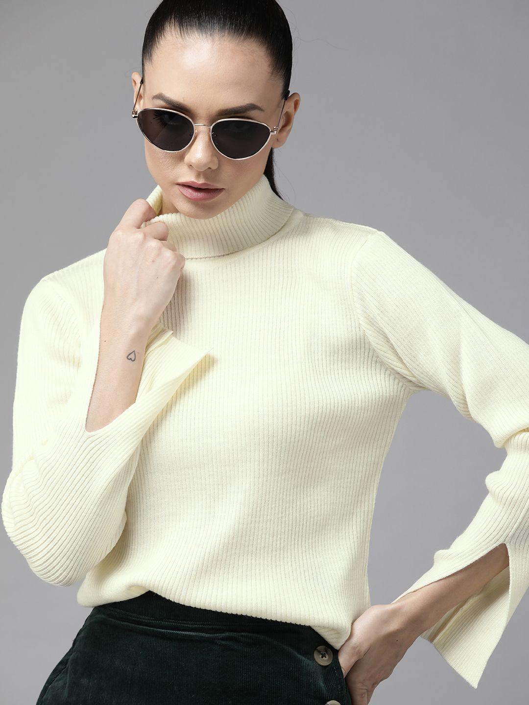 roadster women cream-coloured ribbed turtle neck pullover