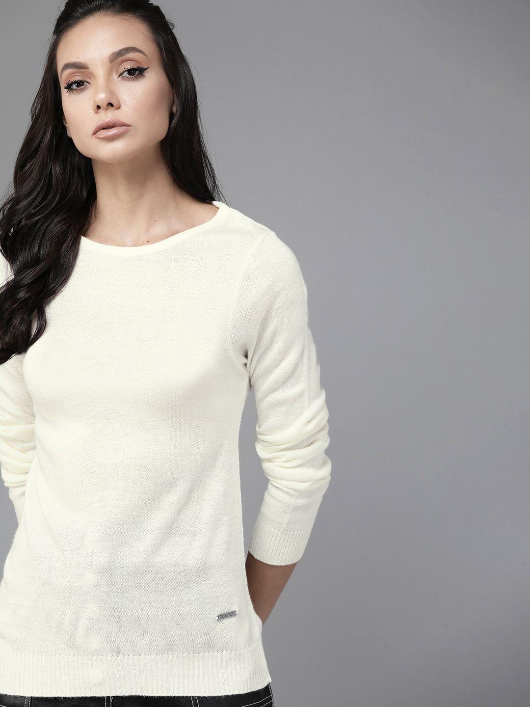 roadster women cream-coloured solid pullover sweater