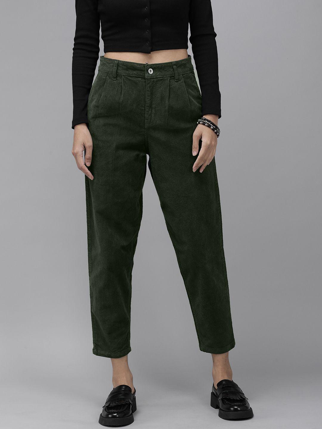 roadster women dark green solid slouchy fit corduroy trousers