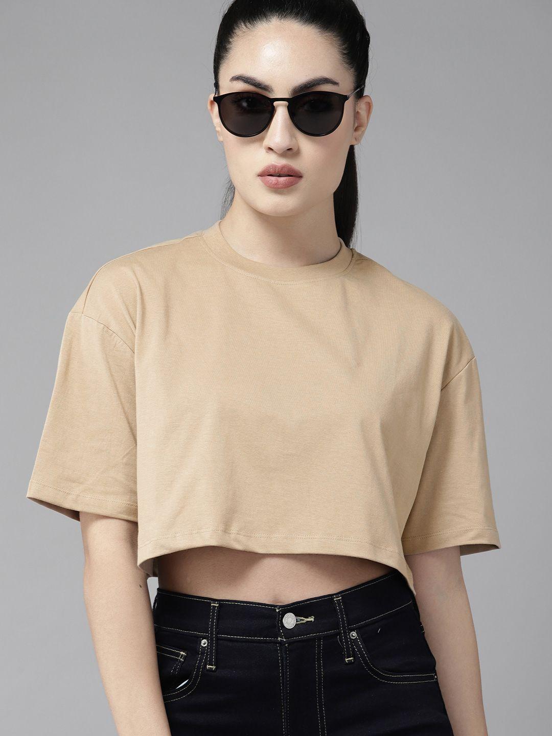 roadster women drop-shoulder sleeves pure cotton boxy t-shirt