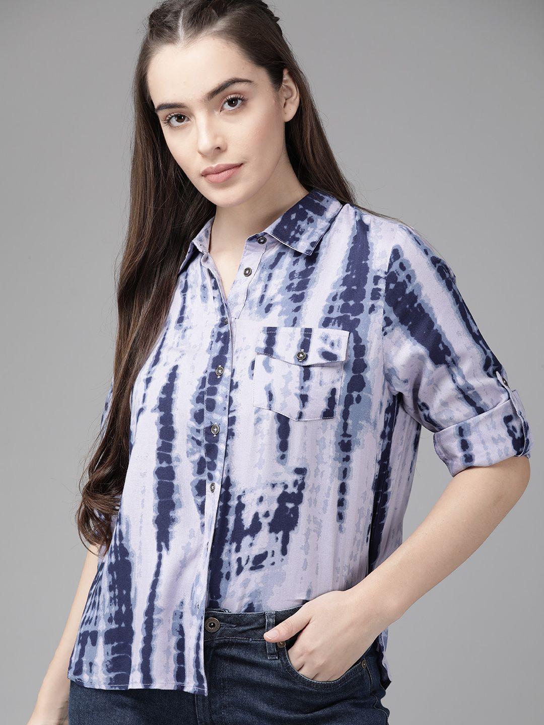 roadster women ecovero blue tie & dye sustainable casual shirt