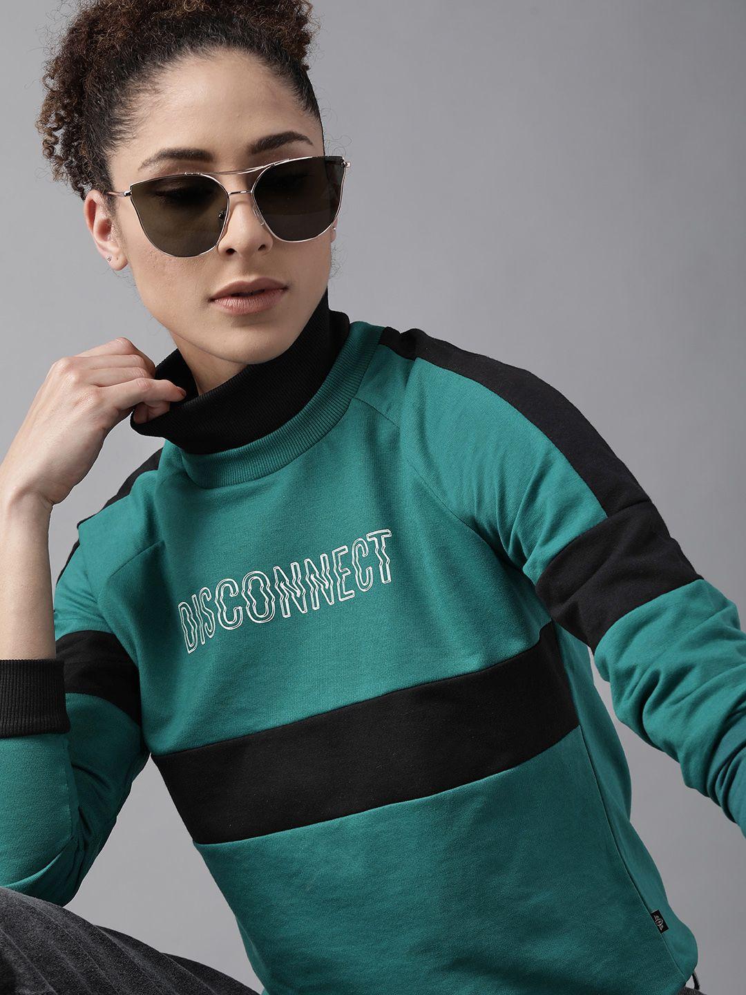 roadster women green & black colourblocked sweatshirt