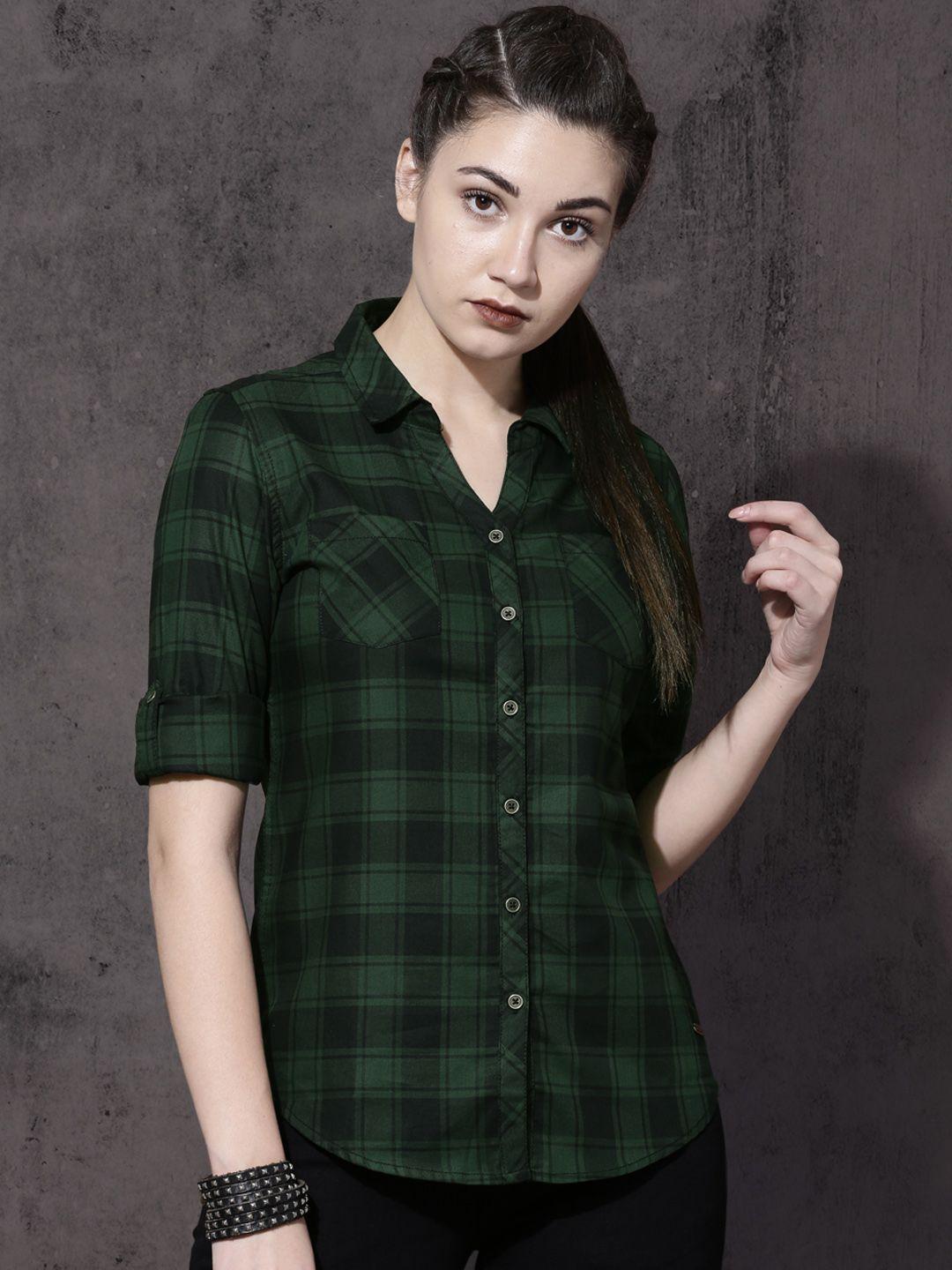 roadster women green & black regular fit checked sustainable casual shirt