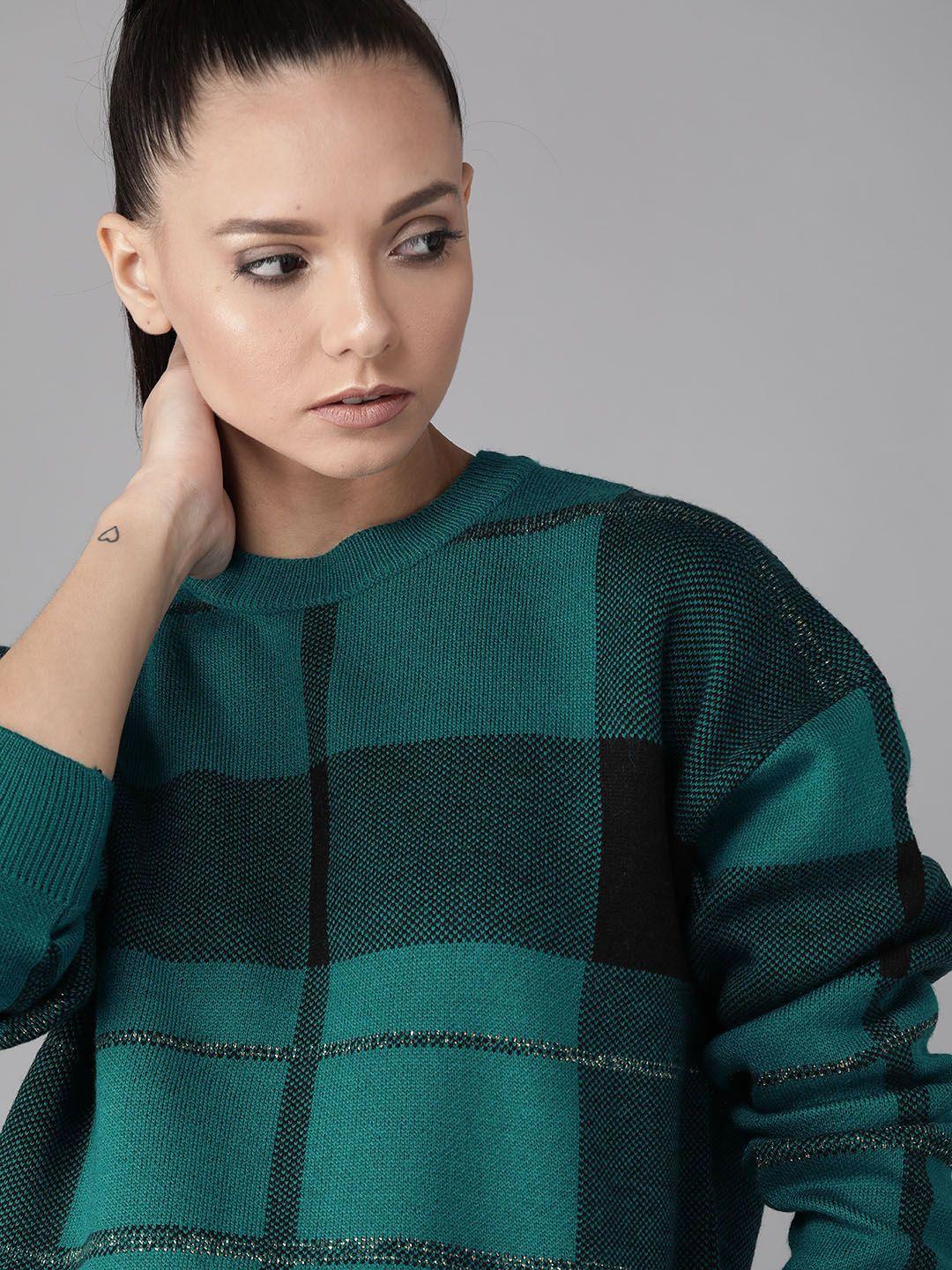 roadster women green & black self checked sweater