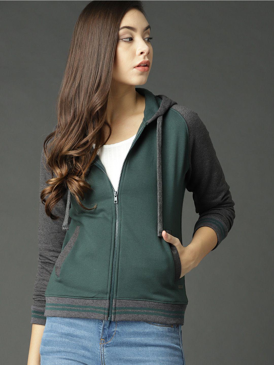 roadster women green & charcoal grey colorblock hooded sweatshirt