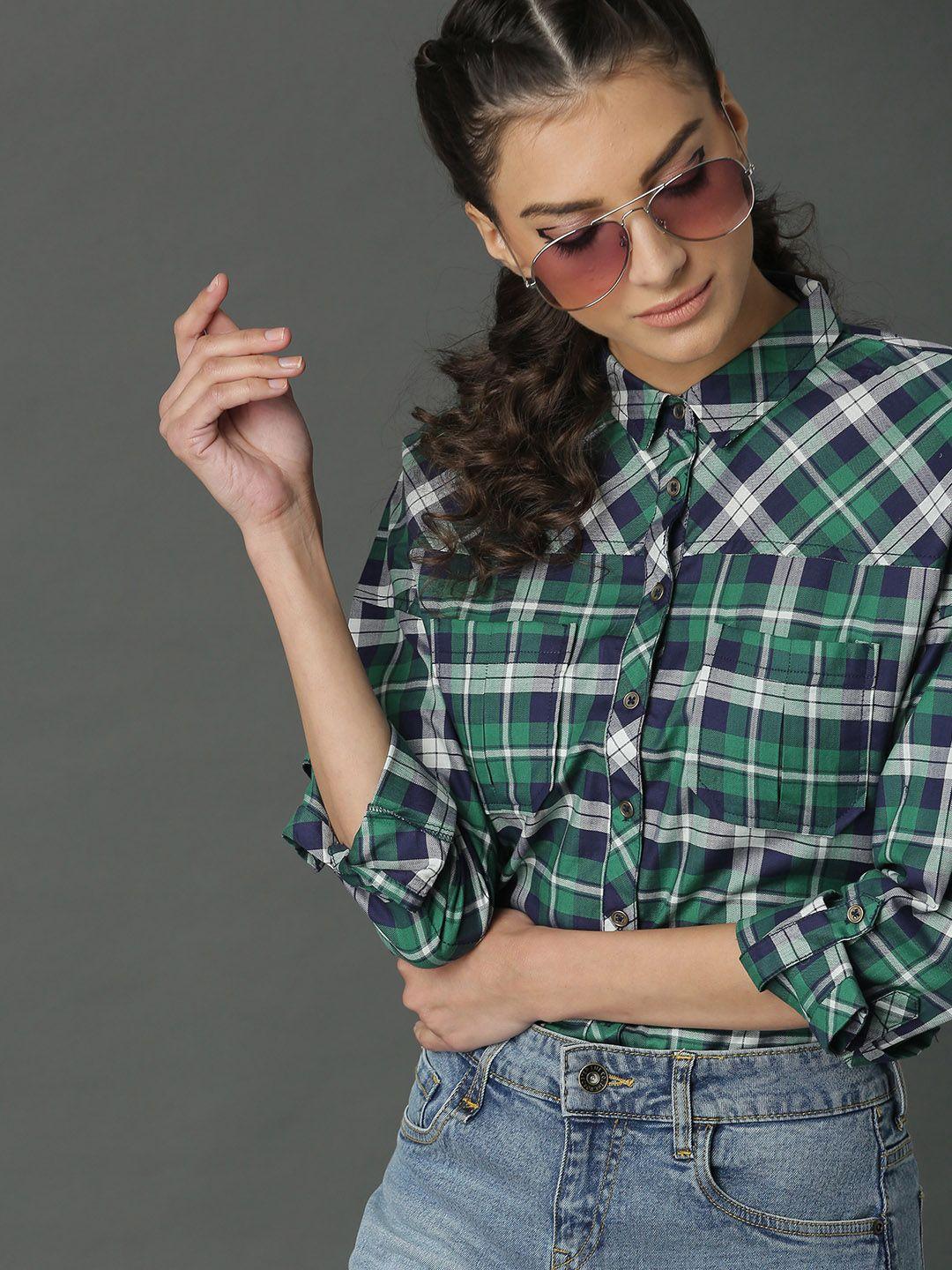 roadster women green & navy boxy fit checked shirt with yoke