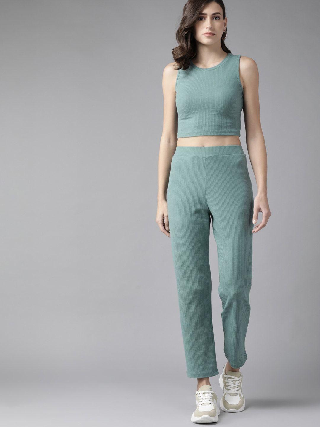 roadster women green crop top with trousers