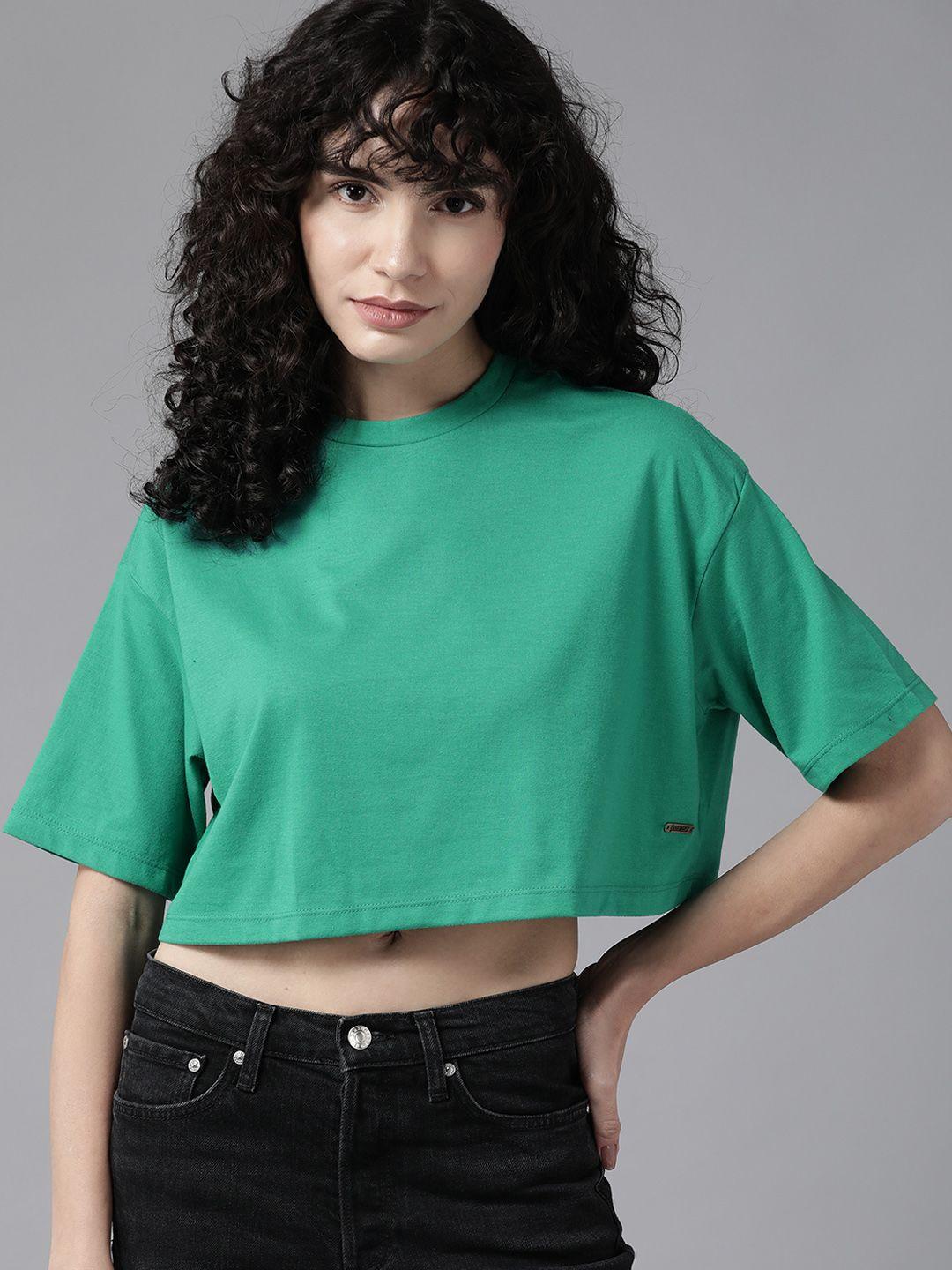 roadster women green drop-shoulder sleeves loose t-shirt