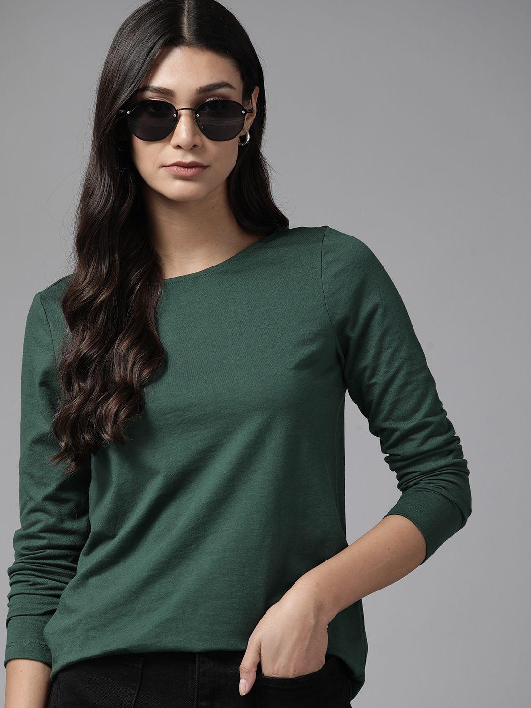 roadster women green pure cotton t-shirt