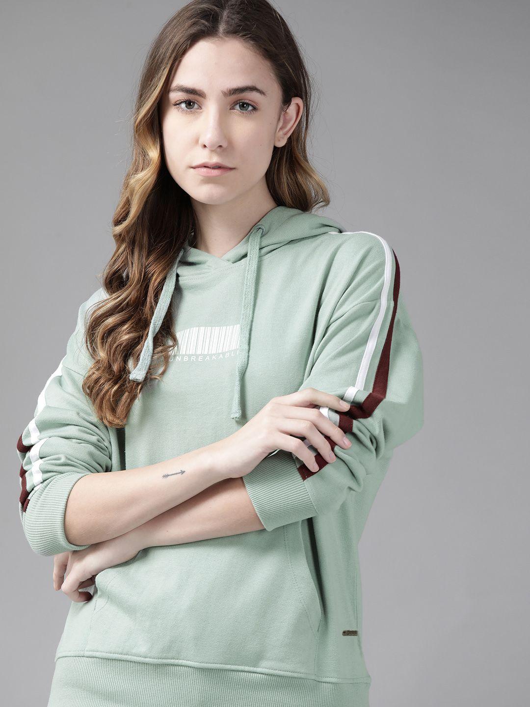 roadster women green solid drop-shoulder boxy hooded sweatshirt