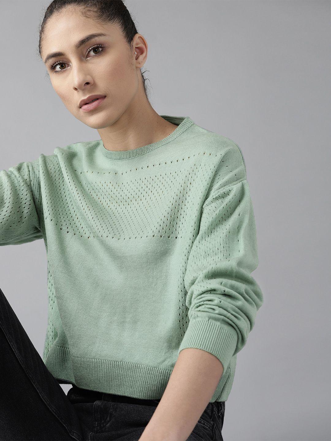 roadster women green solid pullover sweater