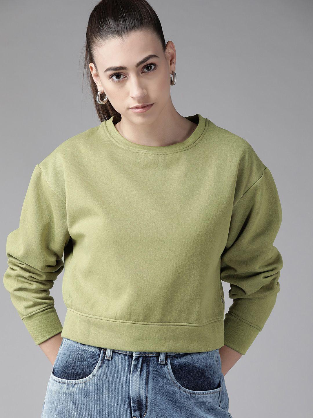 roadster women green solid sweatshirt