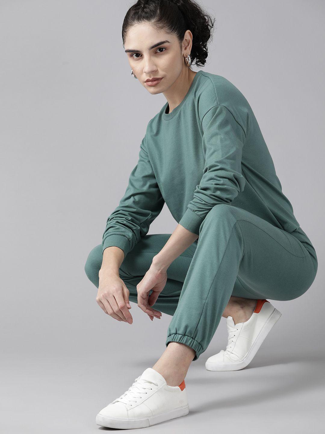 roadster women green solid top with joggers