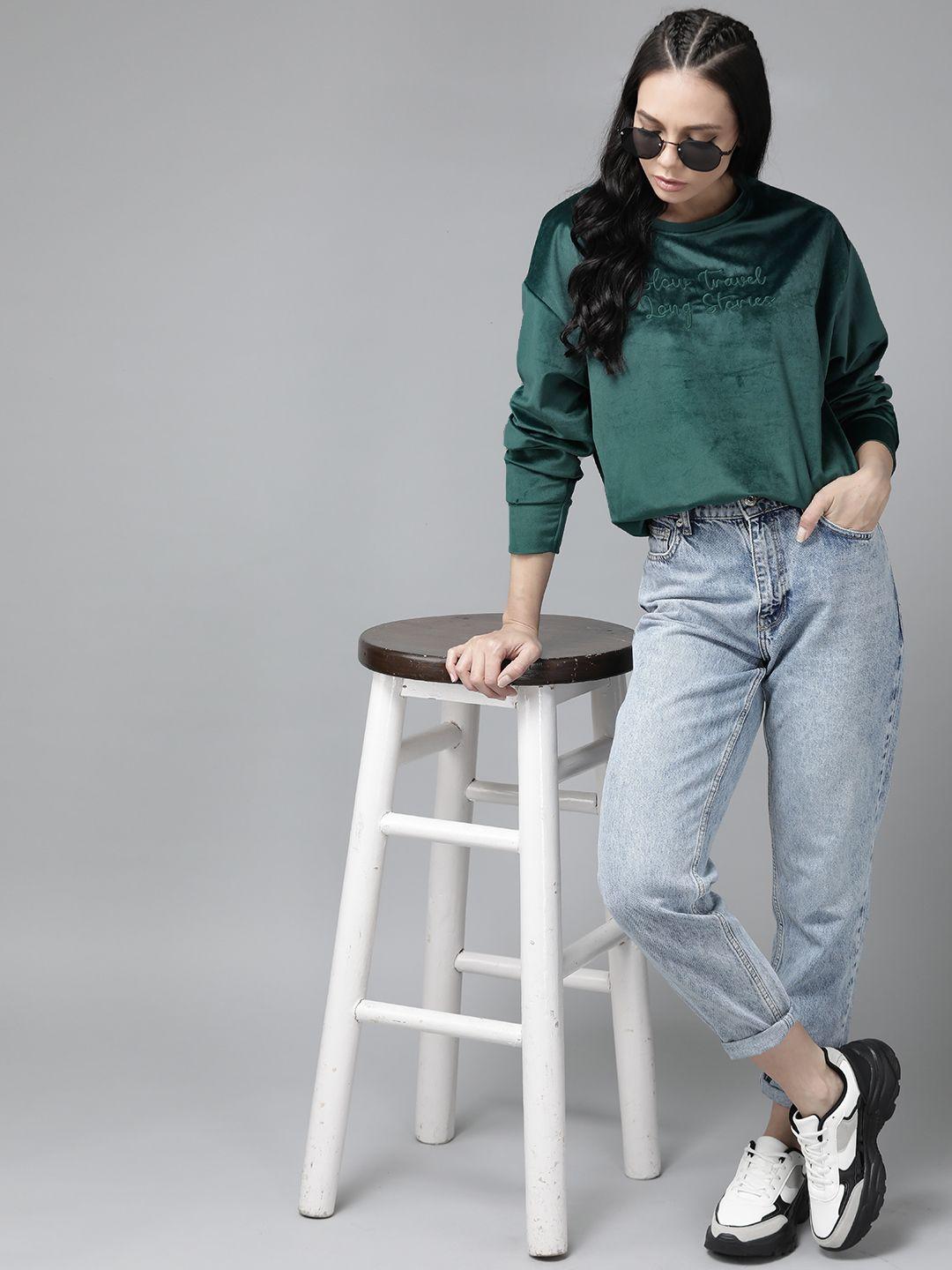 roadster women green velour embroidered sweatshirt