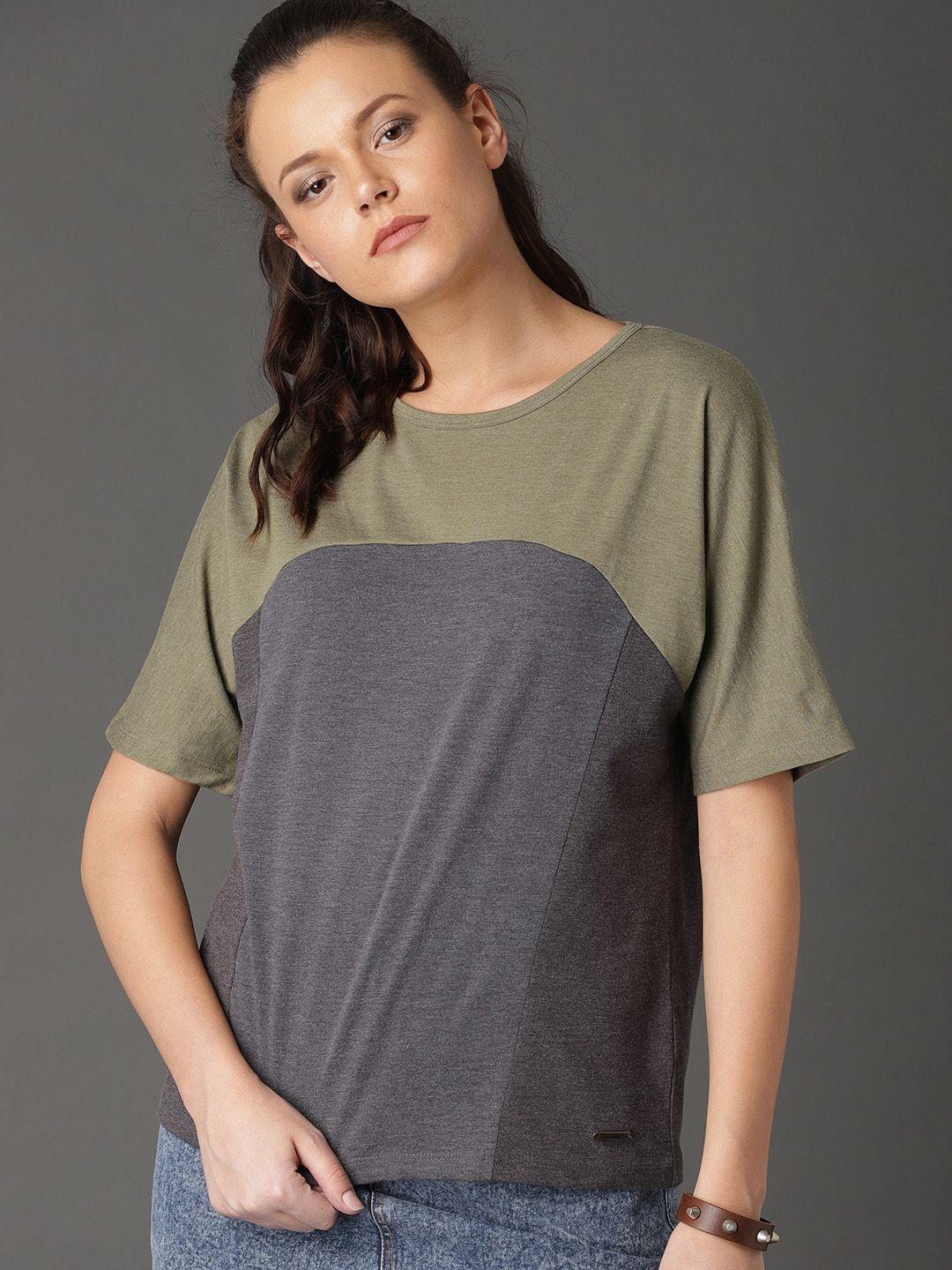 roadster women grey & olive green colourblocked round neck t-shirt