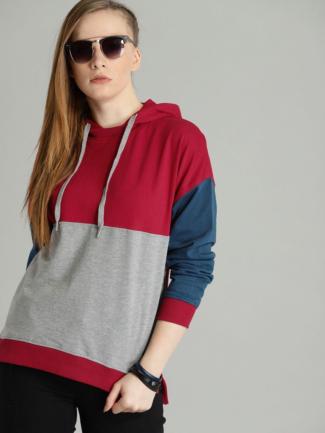 roadster women grey & red colourblocked hooded sweatshirt