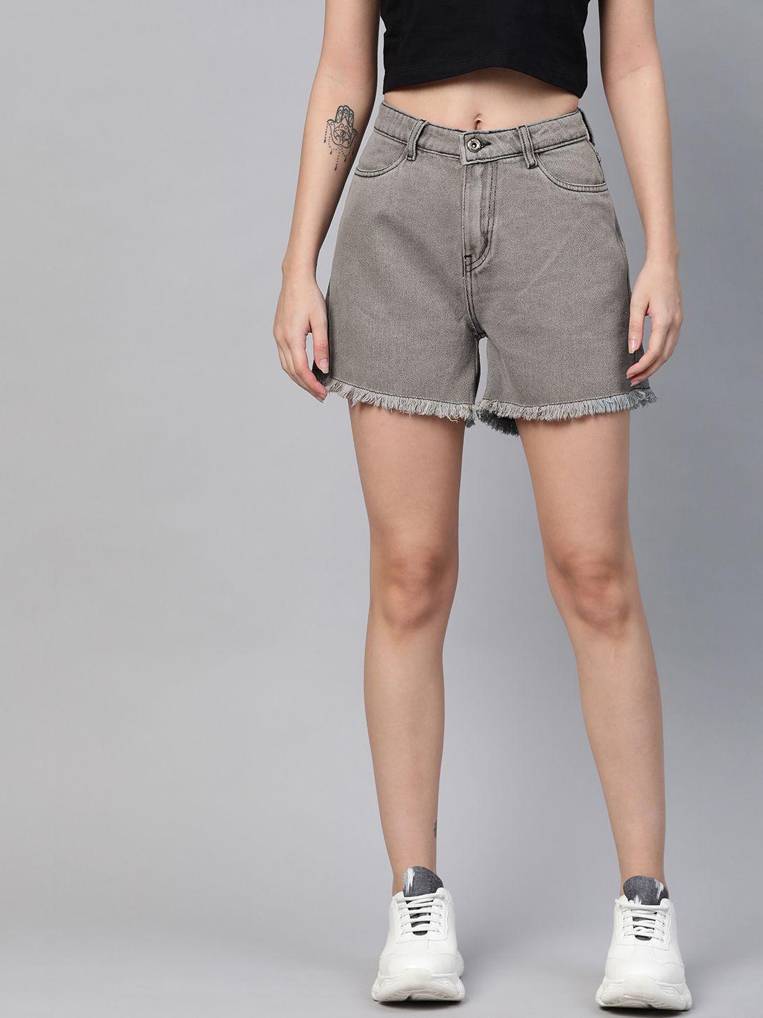 roadster women grey high-rise loose fit denim shorts
