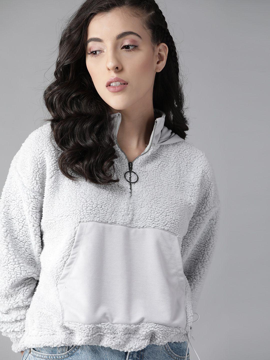 roadster women grey hooded sherpa sweatshirt