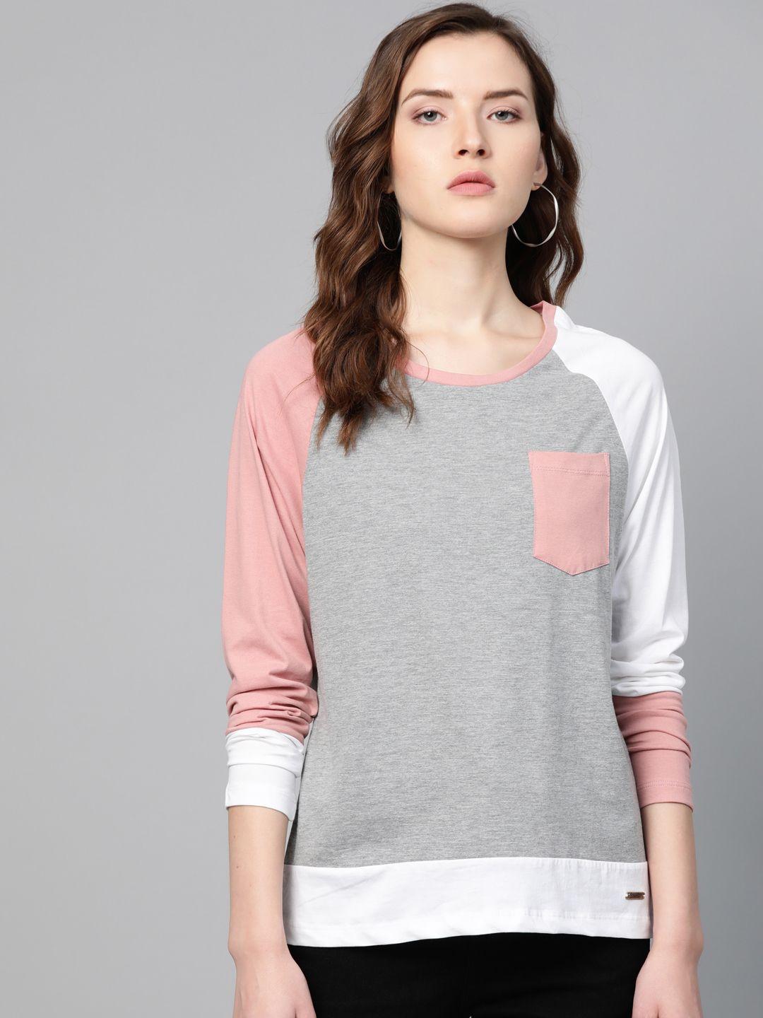 roadster women grey melange & pink colourblocked round neck t-shirt