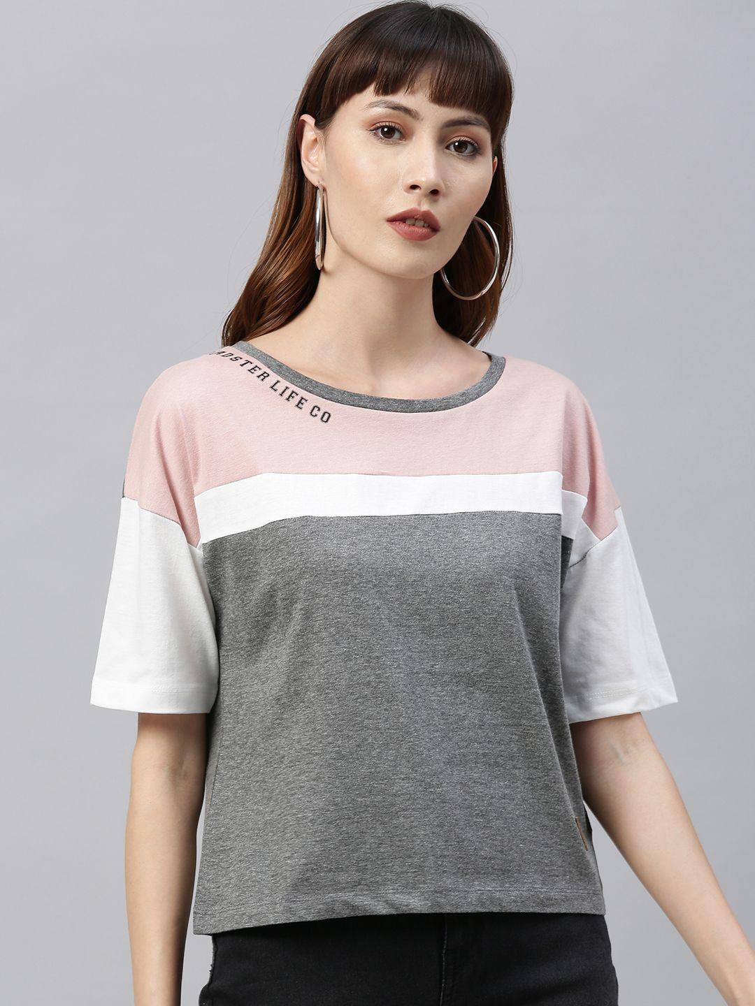 roadster women grey melange & pink colourblocked round neck t-shirt