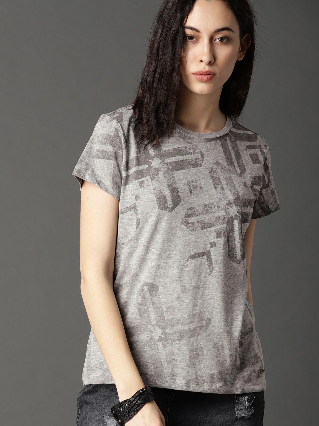 roadster women grey melange geo printed t-shirt