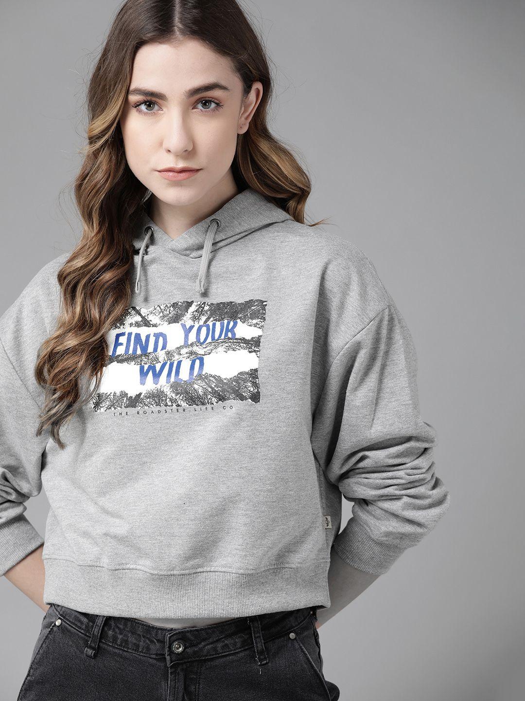 roadster women grey melange printed hooded sweatshirt